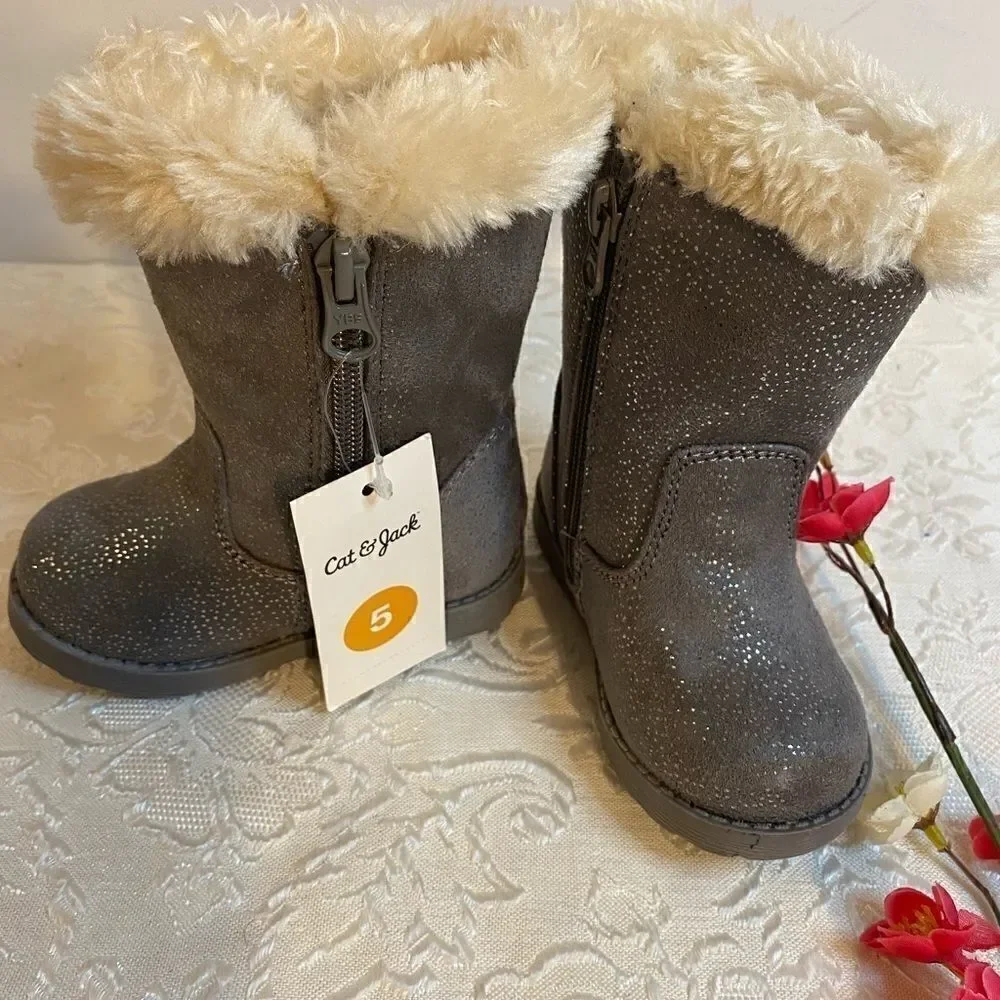 💥Cat & Jack Girl Karley faux fur glitter Boot -5